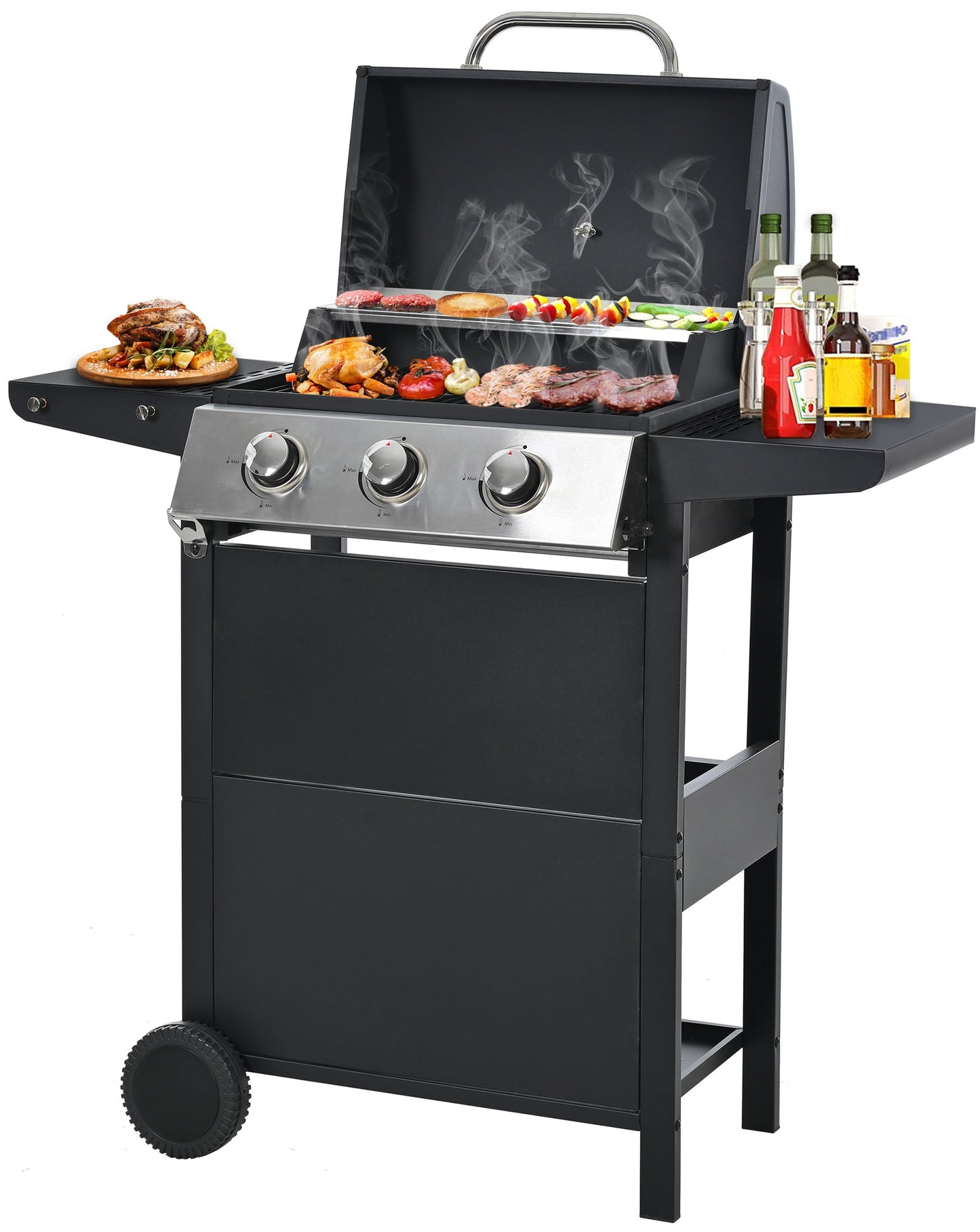 Segmart 3 Burner BBQ Propane Gas Grill, Stainless Steel 30,000 BTU Patio Garden Barbecue Grill with Folding Side Tables, Hanging Basket & Thermometer, Perfect for Camping, Outdoor Cooking