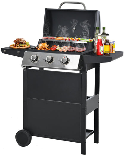 Segmart 3 Burner BBQ Propane Gas Grill, Stainless Steel 30,000 BTU Patio Garden Barbecue Grill with Folding Side Tables, Hanging Basket & Thermometer, Perfect for Camping, Outdoor Cooking