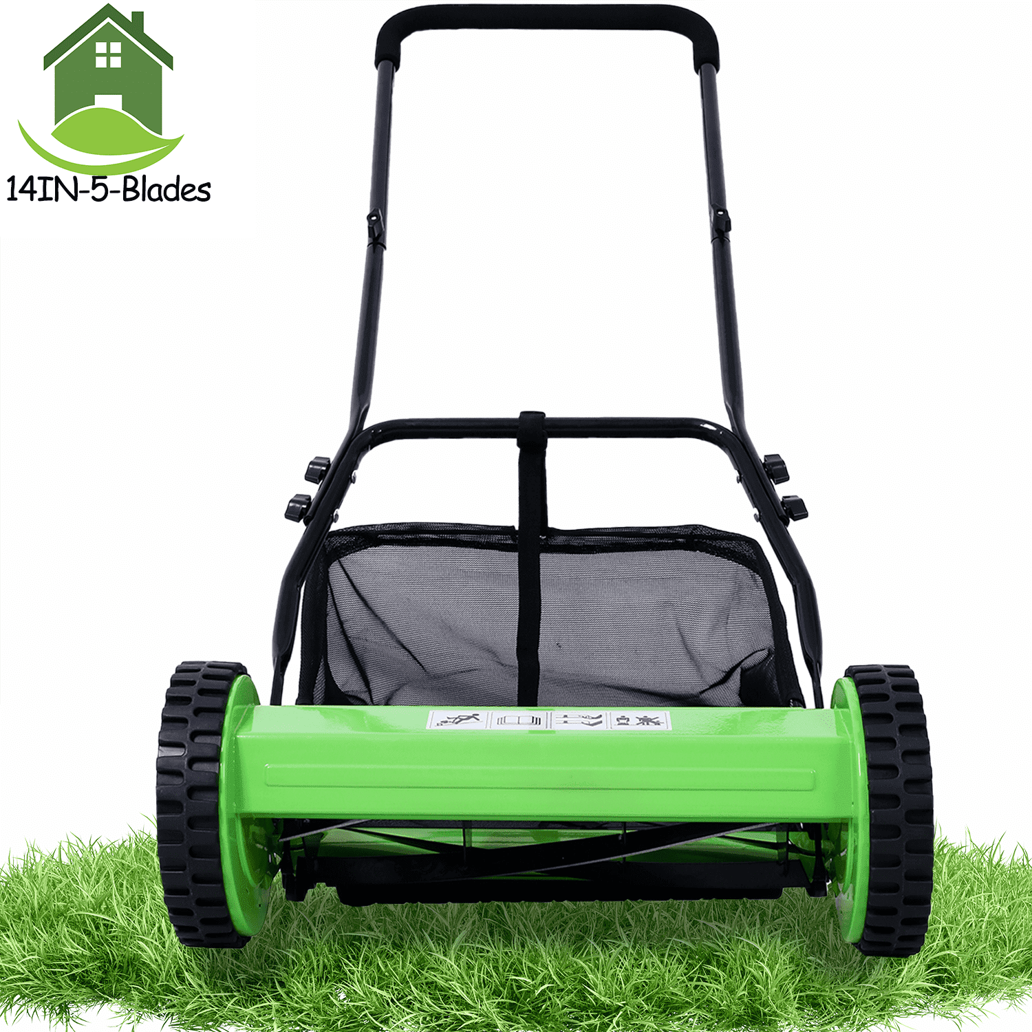 Seizeen Push Lawn Mower, 14-Inch 5-Blade Real Lawn Mover with Grass Catcher, 0.6’’-1.8’’ Height Adjustable Manual Lawn Mower with Bag, Green