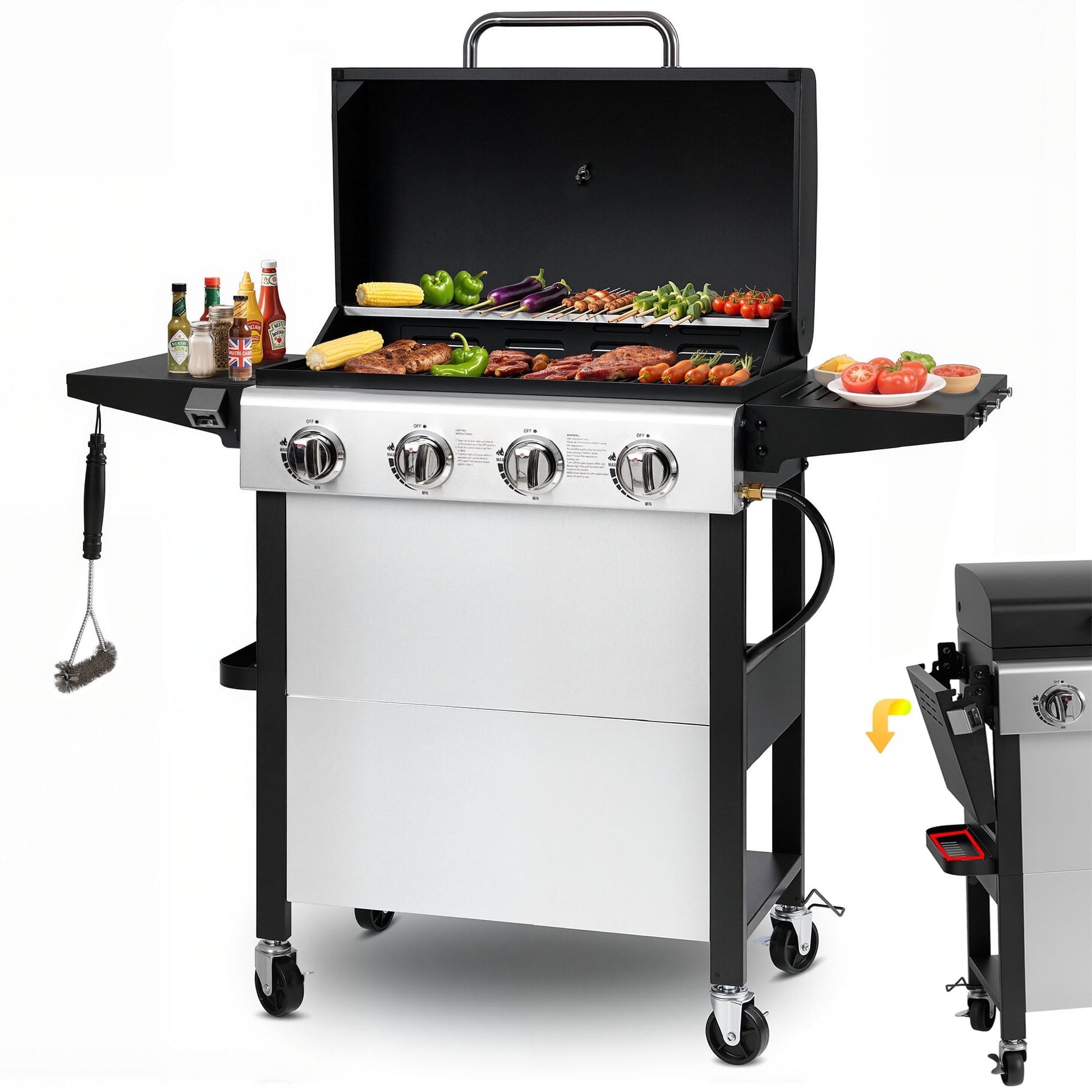 Seizeen 4-Burner Propane Gas Grill, 36,000BTU Stainless Steel Grill Portable, Outdoor Patio Camping BBQ Grill w/Foldable Side Table, Hanging Basket, Steel Brush, Universal Wheels