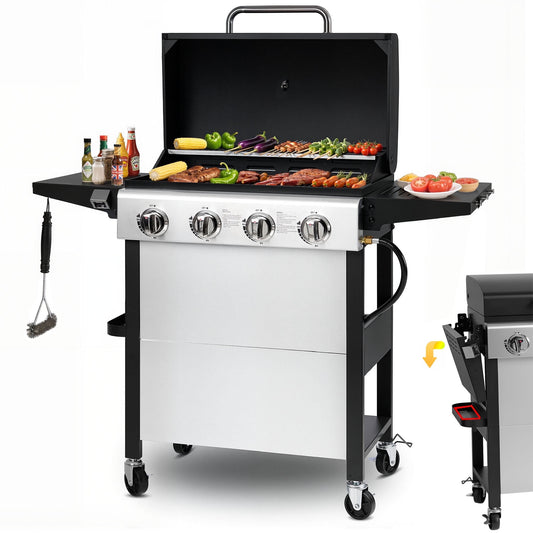 Seizeen 4-Burner Propane Gas Grill, 36,000BTU Stainless Steel Grill Portable, Outdoor Patio Camping BBQ Grill w/Foldable Side Table, Hanging Basket, Steel Brush, Universal Wheels