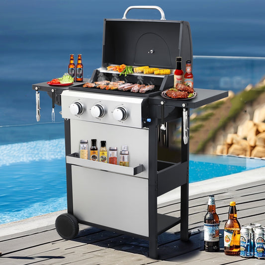 Seizeen Outdoor BBQ Grill w/Foldable Side Table, 3 Burners Propane Gas Grill Stainless Steel for Camping, 25650BTU, One-button Ignition System, Thermometer