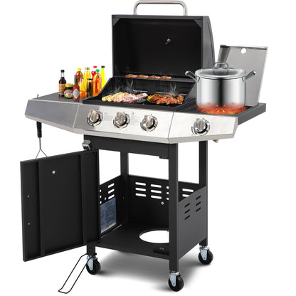 4-Burner Gas Grill with 4 Universal Wheels & Bottle Opener, 40000BTU Outdoor Grill with Side Table for Camping, Black & Sliver