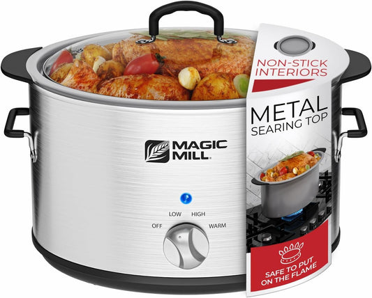 Slow Cooker 10 Quart | Extra Large Non-Stick Metal Searing Pot & Transparent Tempered Glass Lid Multipurpose Lightweight Slow Cookers, Pot is Safe to Put the On the Flame, Dishwasher Safe