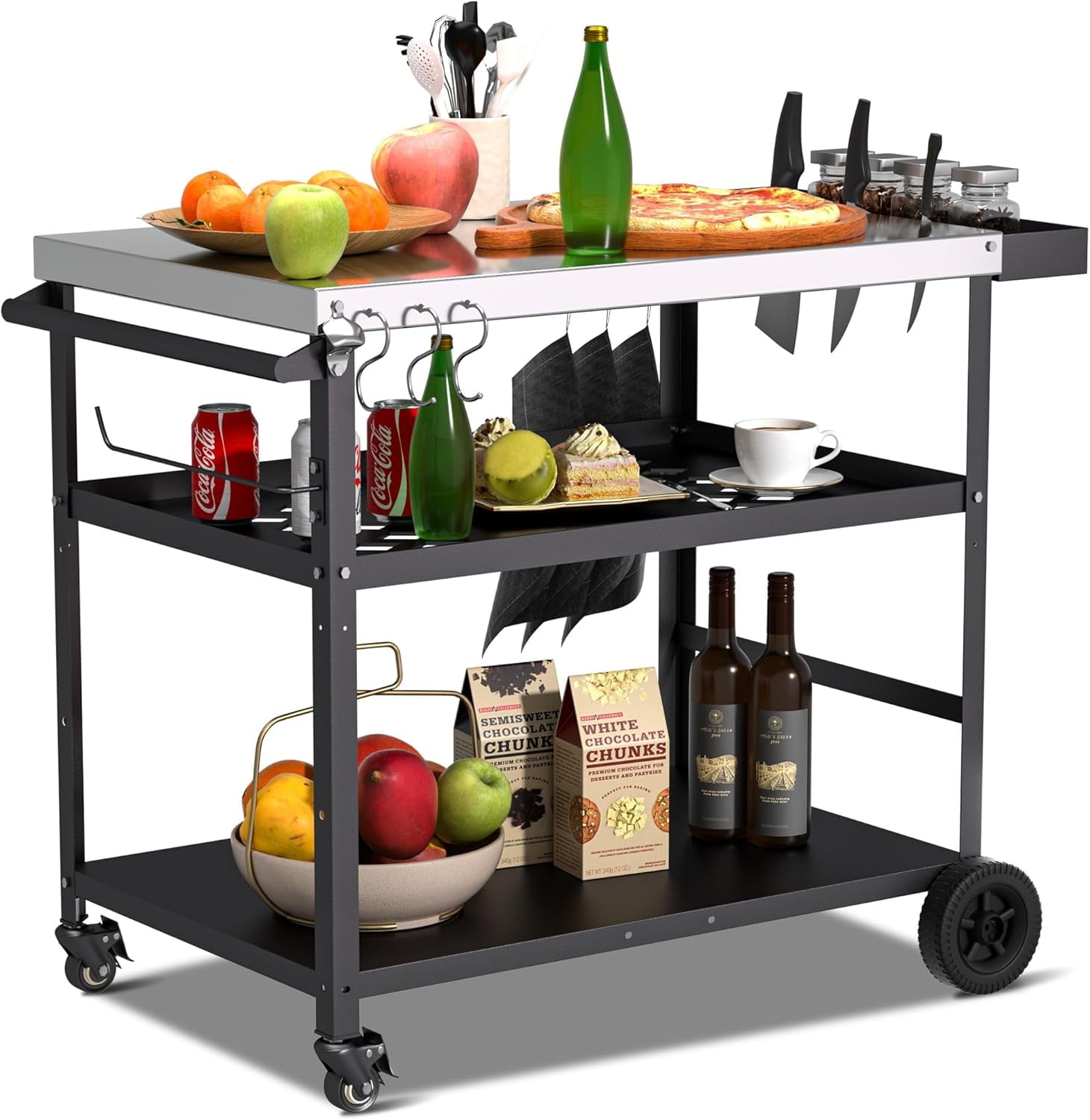 Spurgehom Grill Table, Movable Grill Cart with Wheels & Stainless Tabletop, Outdoor Kitchen Food Prep Table, Black