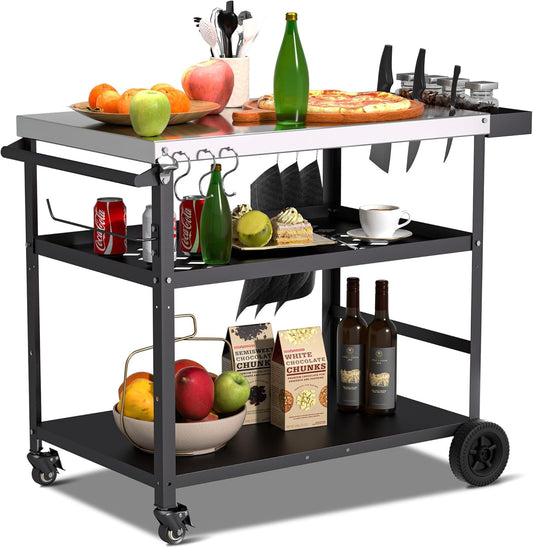 Spurgehom Grill Table, Movable Grill Cart with Wheels & Stainless Tabletop, Outdoor Kitchen Food Prep Table, Black