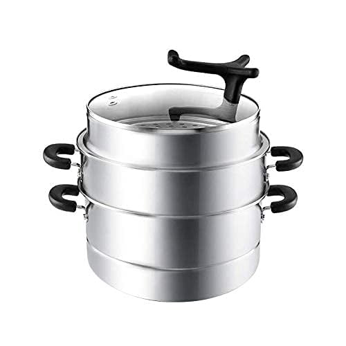 Stainless Steel 3 Level Multi Steamer With Lid & Handle For Vegetables Cooking - Silver, 28cm, 8.5 Liters | Multi Cooker Rice Steamer With Induction Base - Momo Steamer - Idli Maker