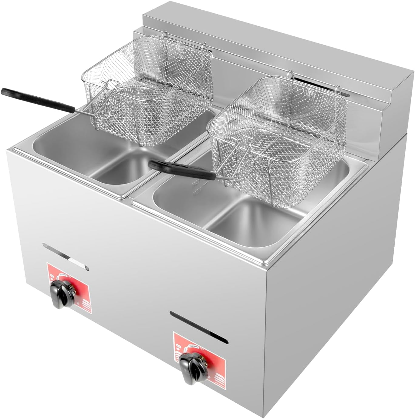 Stainless Steel Deep Fryer with Frying Baskets and Lid, 12.7QT/12L Capacity Countertop Deep Fryer Oil Frying Pot Kitchen Frying Machine Table Snack Fryer Double Cylinder Gas Fryer (LPG)