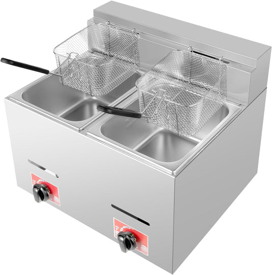 Stainless Steel Deep Fryer with Frying Baskets and Lid, 12.7QT/12L Capacity Countertop Deep Fryer Oil Frying Pot Kitchen Frying Machine Table Snack Fryer Double Cylinder Gas Fryer (LPG)