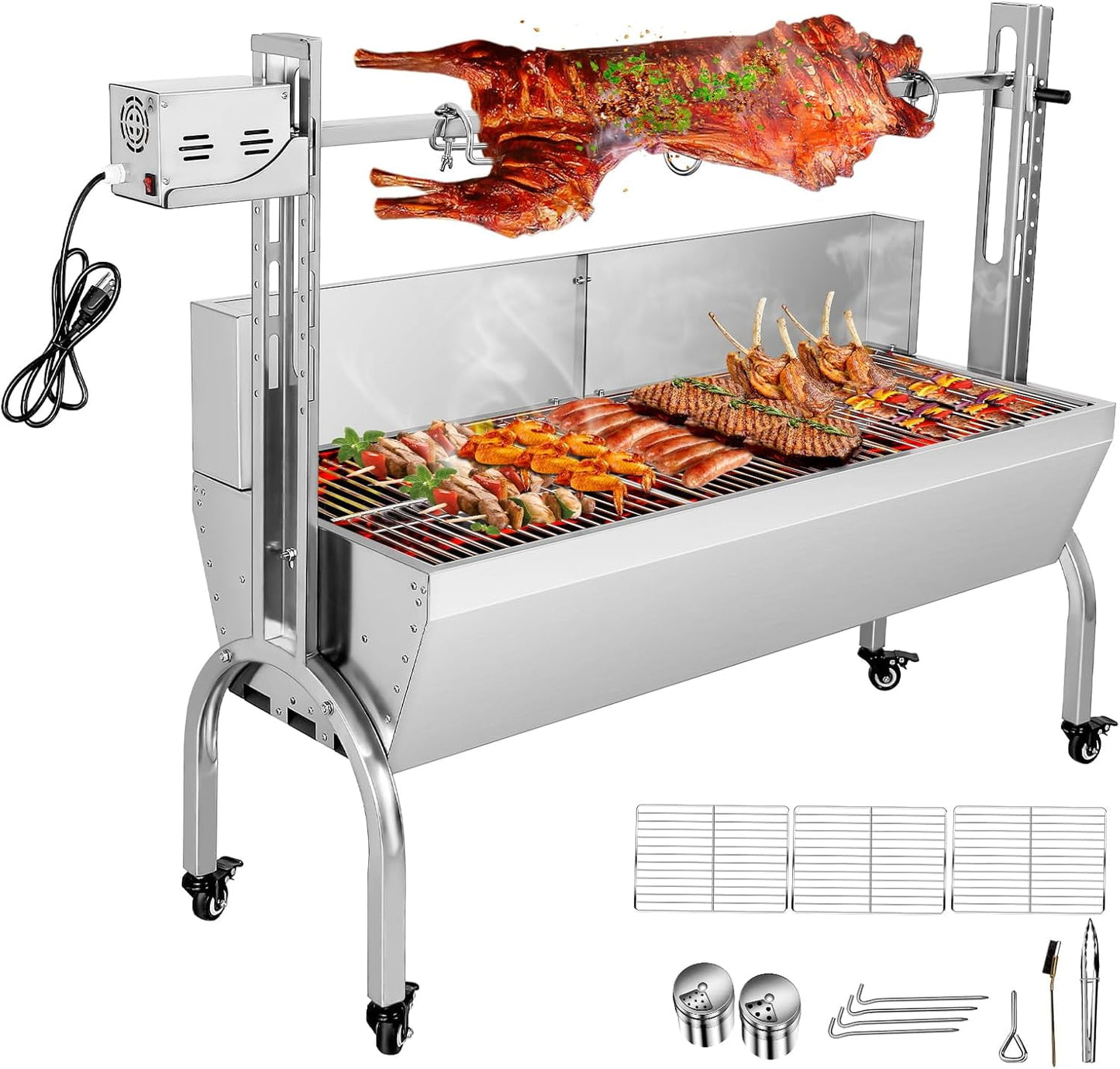 Stainless Steel Rotisserie Grill with Back Cover Guard, 176Lbs Capacity 25W Motor Small Pig Lamb Rotisserie Roaster, 48.7 Inch BBQ Charcoal Rotisserie Grill for Camping Outdoor