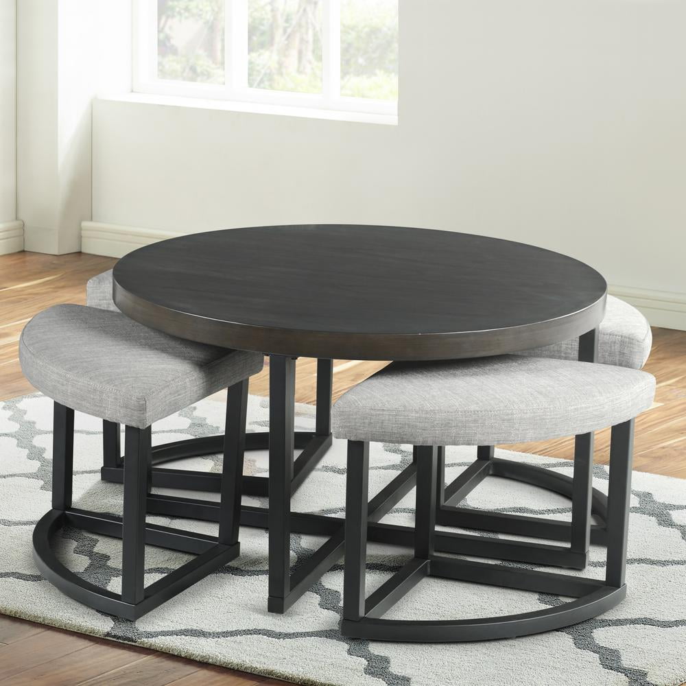 Steve Silver Yukon Round Wood and Metal Coffee Table 5 Piece Set with Stools Underneath, Black
