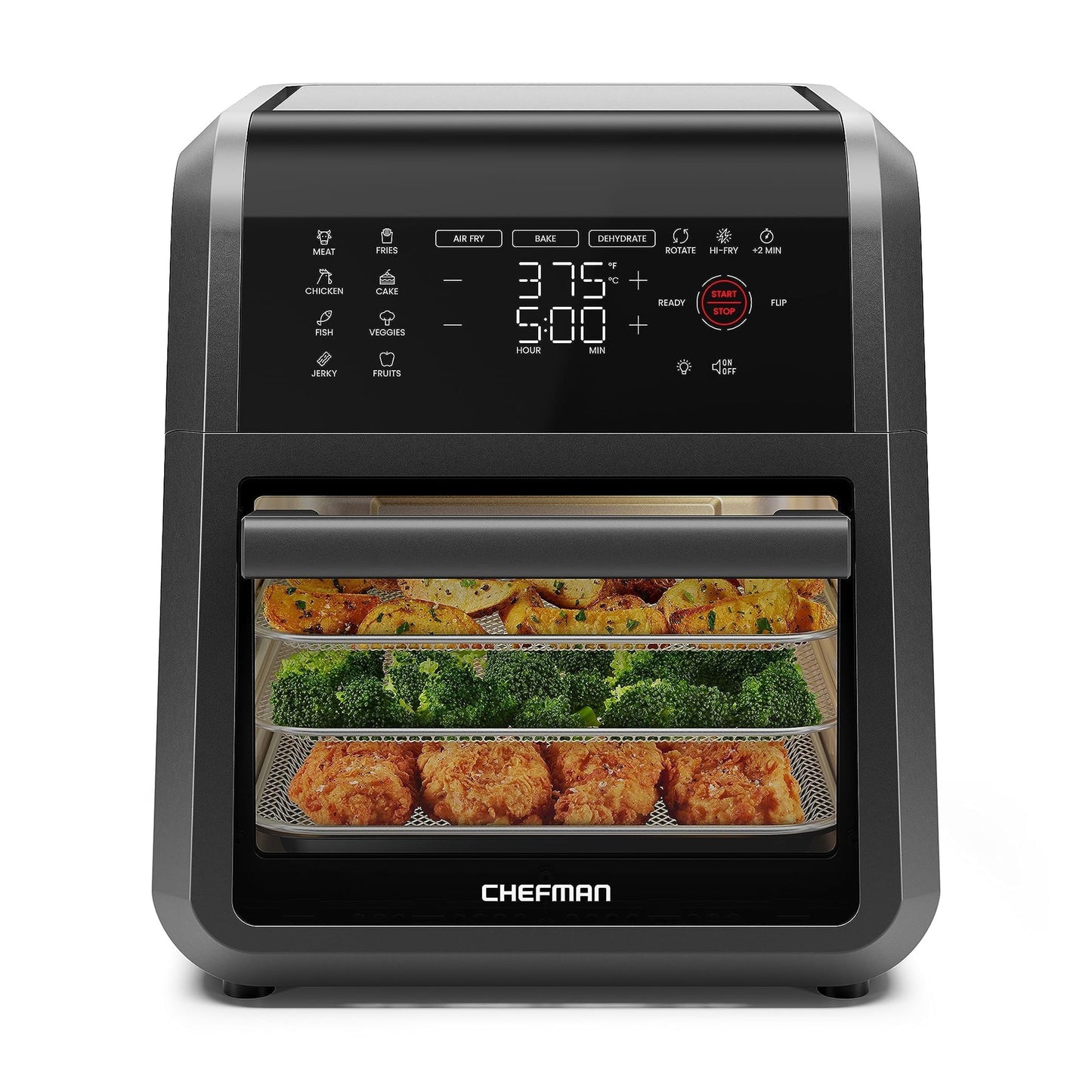 Strak Air Fryer Oven - 12-Quart 6-in-1 Rotisserie Oven and Dehydrator, 12 Presets with Digital Timer and Touchscreen, Family Size XL Airfryer Countertop Convection Oven, Dishwasher-Safe Parts, Black