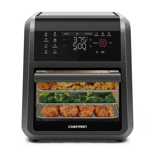 Strak Air Fryer Oven - 12-Quart 6-in-1 Rotisserie Oven and Dehydrator, 12 Presets with Digital Timer and Touchscreen, Family Size XL Airfryer Countertop Convection Oven, Dishwasher-Safe Parts, Black
