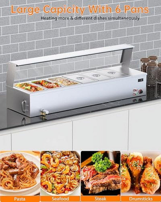 Studyset 48 QT Commercial Food Warmer,6-Pan Steam Table Stainless Steel Bain Marie Countertop with Overheating Protection for Catering and Restaurants,Good for Parties Buffet Servers and Warmers 1500W