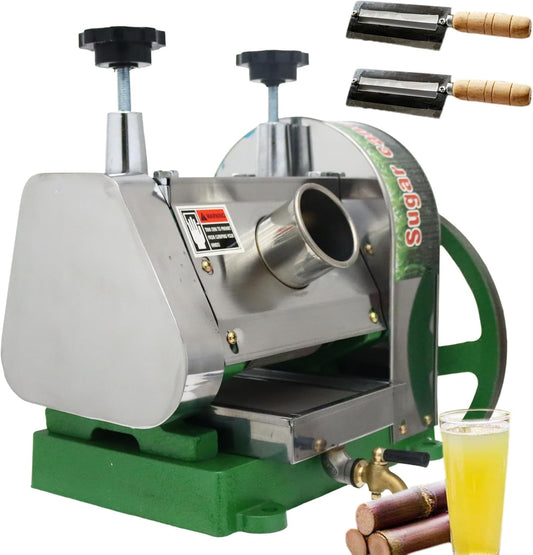 Sugar Cane Juicer Sugar Cane Juice Extractor Manual Sugar Cane Press Juicer with Three rollers 27cm Crank Wheel Sugarcane Mill Juicer Sugarcane Juice Press Machine with 2 Peeling Knives Green