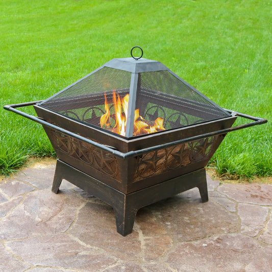 Sunnydaze Northern Galaxy 32" Square Wood-Burning Bronze Finish Steel Fire Pit with Grate