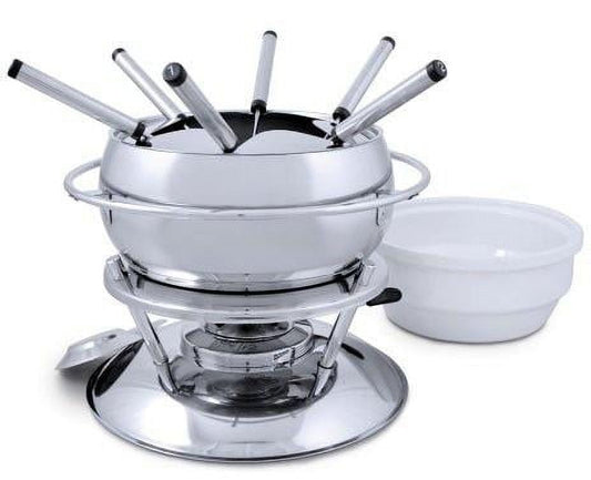Swissmar Zuri 11-Piece Stainless Steel Fondue Set with Ceramic Insert, Splatter Guard, Rechaud, Fondue Burner, Stainless Pot and 6 Fondue Forks