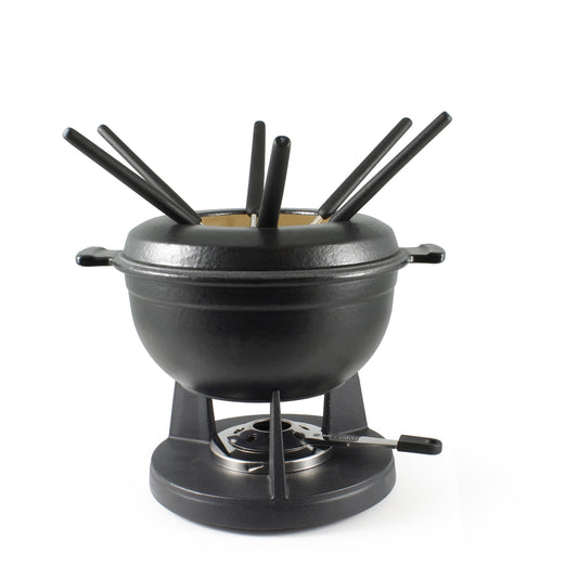 Swissmar Lucerne Matte Black 10 Piece Cast Iron Fondue Set, Meat Cheese or Chocolate