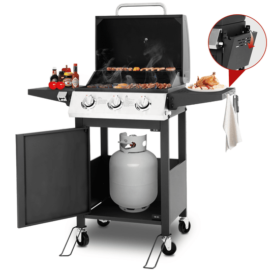 Syngar 3-Burner Propane Gas Grill with Foldable Side Table, Stainless Steel BBQ Grill with Thermometer for Outdoor Party, Camping