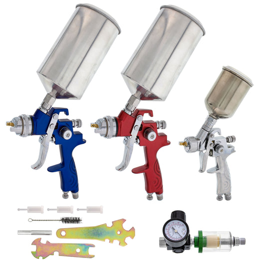 TCP Global Brand HVLP Spray Gun Set - 3 Sprayguns with Cups, Air Regulator & Maintenance Kit for all Auto Paint