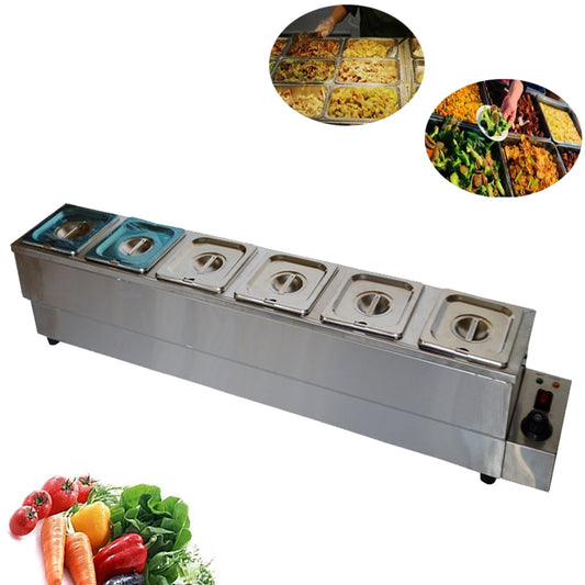 TECHTONGDA Buffet Food Warmer 6-Pan Bain Marie Canteen Steam Heater Stainless Steel 1/6*6" Deep