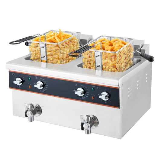 TROPOW 8L x 2 Dual Tank Electric Deep Fryer, 16L Countertop Fryers with Oil Drain, 30 Min Timer, Rotary Fryer Head, Stainless Steel Deep Fryers for Home & Commercial Use, 3600W 120V,Silver