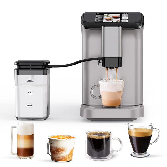 TROPOW Fully Automatic Espresso Machine, Automatic Milk Frother, Coffee Machine with Intuitive Touch Display for Latte, Cappuccino, Iced Coffee, Built-in Grinder, 1.5L Water Tank, for Home Office