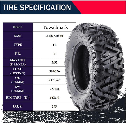 TROPOW Tires,Set of 2 All-Terrain ATV/UTV Tires – 22x10-10, 4-Ply Mud, Sand, and Off-Road Tires (Tubeless)