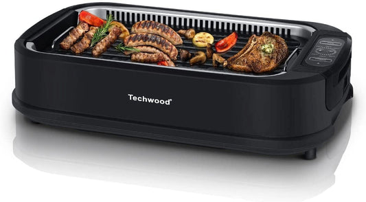 Techwood Indoor Smokeless Grill, 1500W Electric Grill with Tempered Glass Lid, Electric Portable Korean BBQ Grill, Turbo Smoke Extractor Technology, Non-stick Removable Plates, Dishwasher-Safe, Black