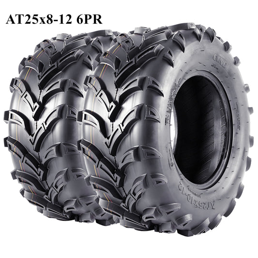 Telyswee 25x8-12 ATV/UTV Tires 6PR All Terrain 15mm Tread Depth 25x8x12 Trail Sand Mud Stream Off-Road Tires, Tubeless Set of 2, Black