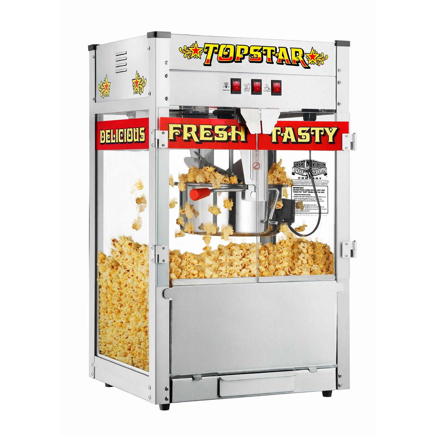 Top Star Popcorn Machine - 12oz Stainless-Steel Kettle, Reject Kernel Tray, Warming Light, and Accessories by Great Northern Popcorn (Red and Yellow)
