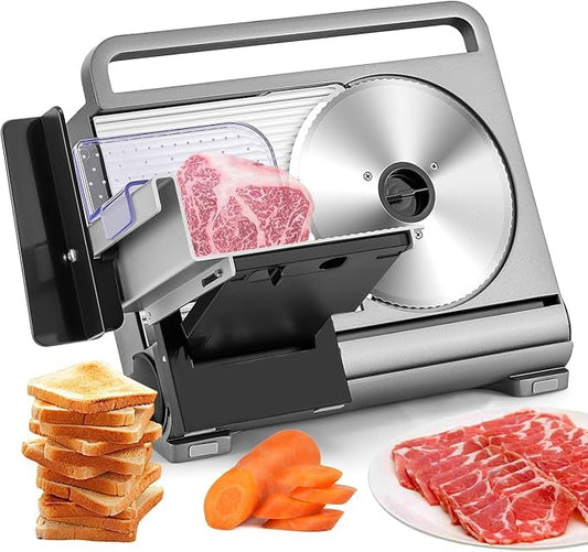 Trumoontree Electric Meat Slicer Foldable Food Slicer with 2 Stainless Steel Blades, 0-15mm Adjustable Thickness, Frozen Meat/Cheese Slicer for BBQ, Child Lock Protection, 110V