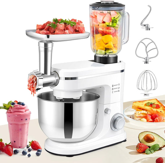 Trumoontree Multifunctional Stand Mixer with Meat Grinder 1.5L Blender Electric Kitchen Mixer with 6L Stainless Steel Bowl 6 Speed Food Mixing Machine for Home Cooking white