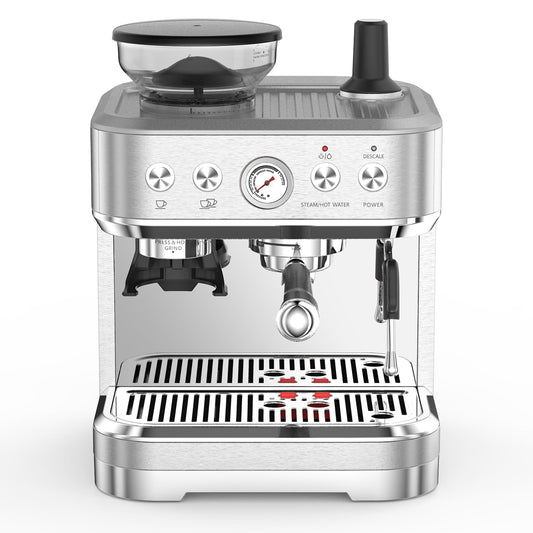 Tuekys Automatic Espresso Machine for Home 15 Bar Coffee Machine with Milk Frother and Grinder,2.3L Water Tank, Brushed Stainless Steel,Silver