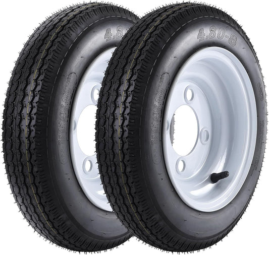 Twister.CK 2 Pack Trailer Tire, 6PR，4.80-8，8" Rims 4 Lug White Spoke Wheel, Load Range C, Rubber