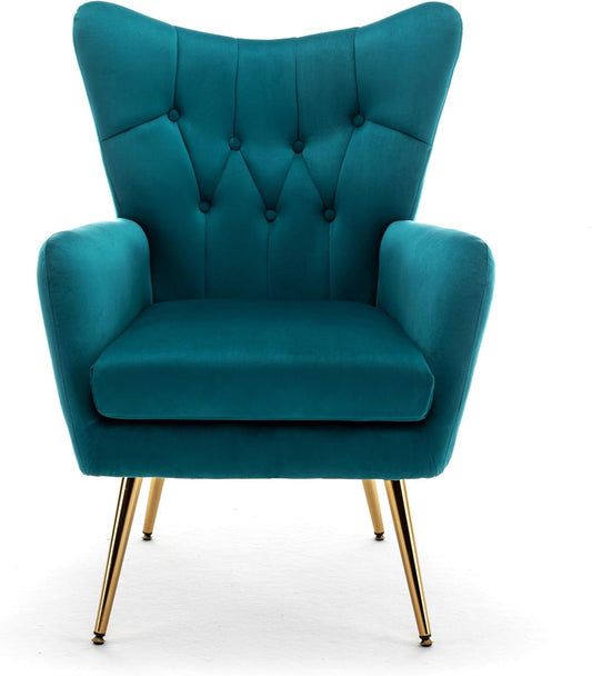 US Pride Furniture  Mid-Century Velvet Accent Armchair for Living Room Bedroom or Home Office Button-Tufted Wingback Design with Gold Flared Legs Dark Teal