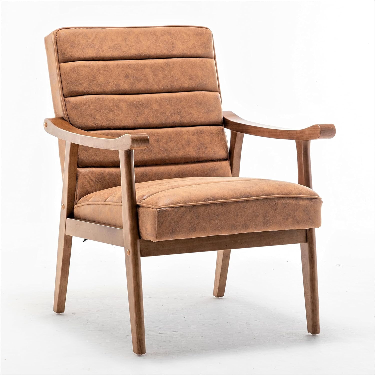 US Pride Furniture Unique Mid Century Modern Accent Chair with Open-Framed Armchair Design Plush Foam Leather-Look Microfiber Seat and Back Cushions Brown