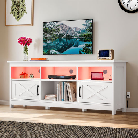 Uforic 59" TV Stand for 65" TV - White Entertainment Center with Storage Cabinets, Open Shelves, 24-Color LED Light Strip & Built-in Power Strip, Perfect for Living Room or Bedroom Media Console