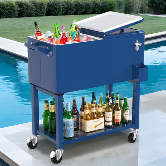 Uforic 80 Quart  Rolling Cooler Cart with 360° Swivel Wheels, Outdoor Portable Beverage Ice Chest  Cart, with Handles, Bottle Opener, Drain & Bottom Tray, Blue