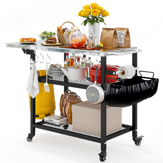 Uforic Rolling Outdoor Grill Table with Wheels, 3 Shelf Pizza Oven Cart, Outside Food Prep Stand With Folding Extension Board