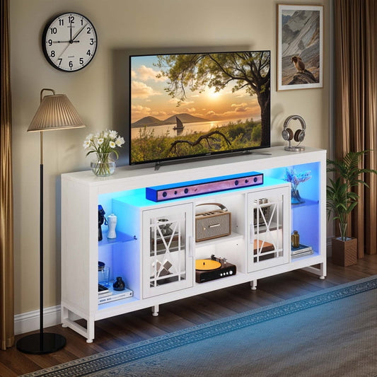 Uforic Rustic TV Stand for 70 Inch TV, LED Entertainment Center with Power Outlets, White