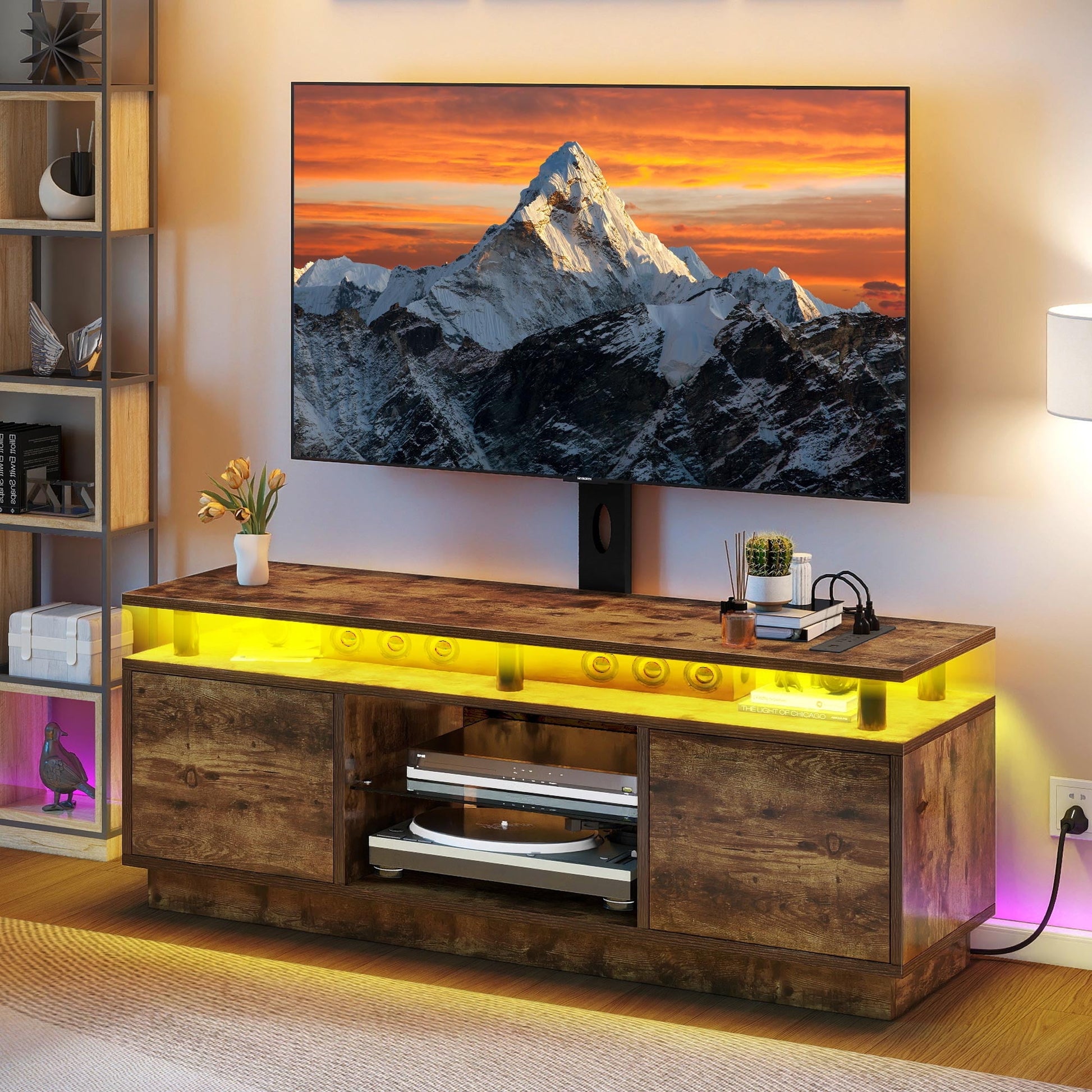 Uforic TV Stand with Mount & Power Outlet, LED TV Mount for 60/65/70 inch TVs, Height Adjustable, Rustic Brown