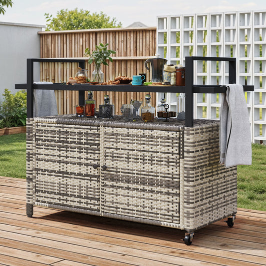 Uforic XL Outdoor Storage Cabinet, Outdoor Grill Cart with Wheels & Black Glass Table Top, for Patio Kitchen, Gray