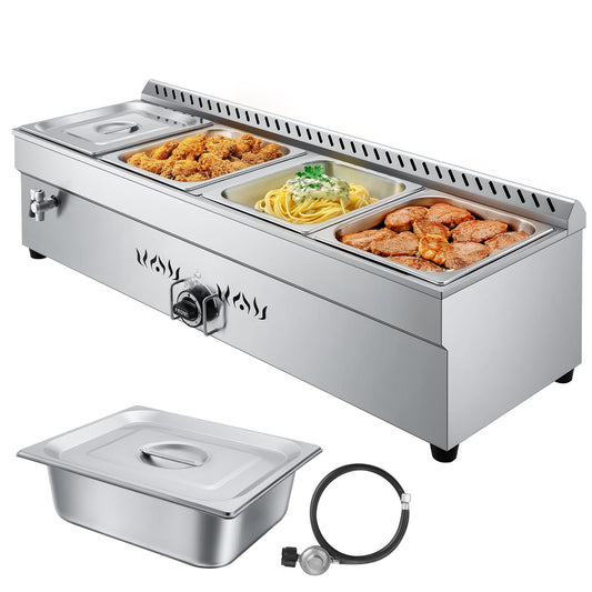 VEVOR 4-Pan Commercial Propane Steam Table, LP Gas Outdoor Soup Warmer with Drain Valve, Stainless Steel Propane Food Warmer with Adjustable Temperature, for Restaurant Party Outdoor Camping