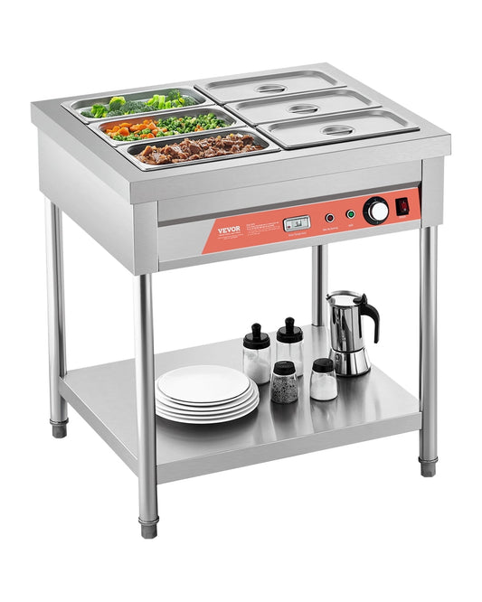 VEVOR 6-Pan Commercial Food Warmer, 6 x 1/3 Pans Electric Steam Table, 1500W Professional Buffet Catering Food Warmer with Undershelf, Stainless Steel Server
