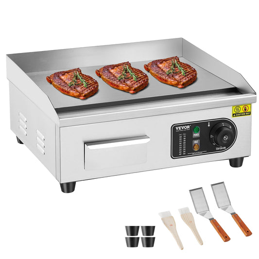 VEVOR Commercial Electric Griddle,1700W Countertop Flat Top Grill, 122?-572 ? Adjustable Temp,17.72 x 11.81 x 0.39in Stainless Steel Griddle Grill with 2 Shovels and 2 Brushes for Home or Restaurant
