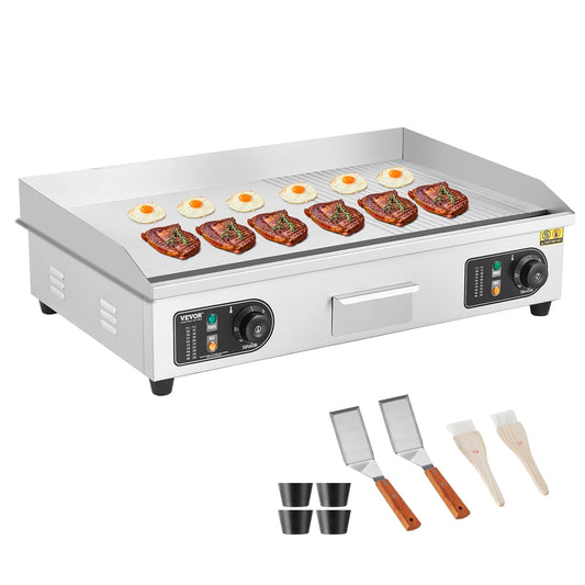 VEVOR Commercial Electric Griddle, 2800W Countertop Half-Flat Top Grill, 122℉-572℉ Adjustable Temp, 28in Stainless Steel Griddle Grill with 2 Shovels for Home or Restaurant (No Plug)