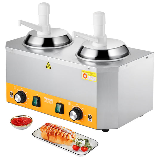 VEVOR Electric Cheese Dispenser with Pumps, 2.4x2 L Commercial Hot Fudge Warmer, Plastic Double Pumps Dispenser, 86-230℉ Temp Adjustable Nacho Cheese Sauce Warmer, for Hot Fudge Cheese Caramel