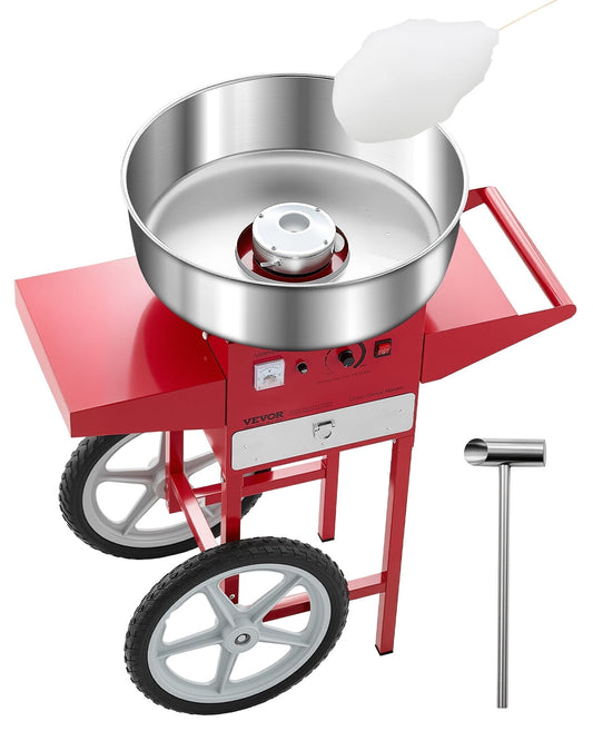 VEVOR Electric Cotton Candy Machine with Cart, 1000W Commercial Candy Floss Maker with 20.5 in Stainless Steel Bowl, Sugar Scoop, and Drawer, Easy to Use, for Home, Kids Birthday, Family Party, Red