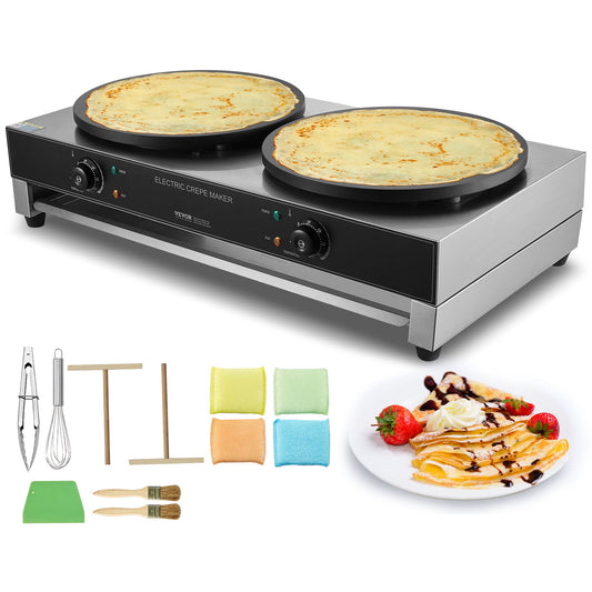 VEVOR Electric Crepe Maker, 16-Inch Double Head Commercial Crepe Machine, 3400W Flat Plate Crepe Griddle, Nonstick Stainless Steel Pancake Making, Desktop Circular Cereals Pancake Stove, Temp Control